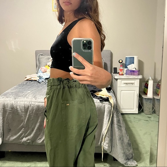 Zara Pants & Jumpsuits Zara Olive Green Paper Bag Carrot Leg Ankle